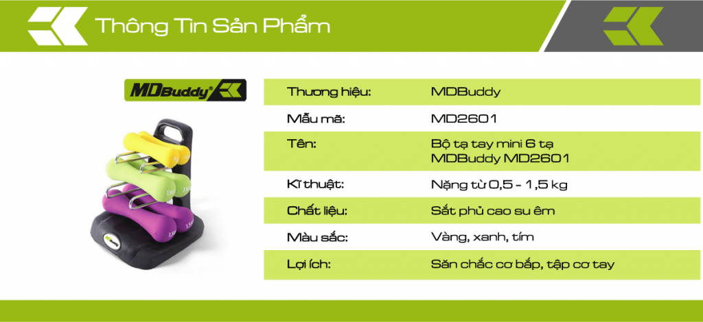 Thông tin chi tiết sản phẩm bộ tạ tay mini 6 tạ MDBuddy MD2601